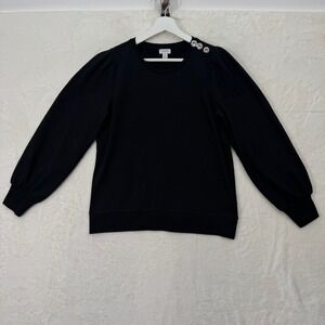 J.Crew Sweatshirt Womens S Black Rhinestone Button Shoulder Puff Sleeve Fleece